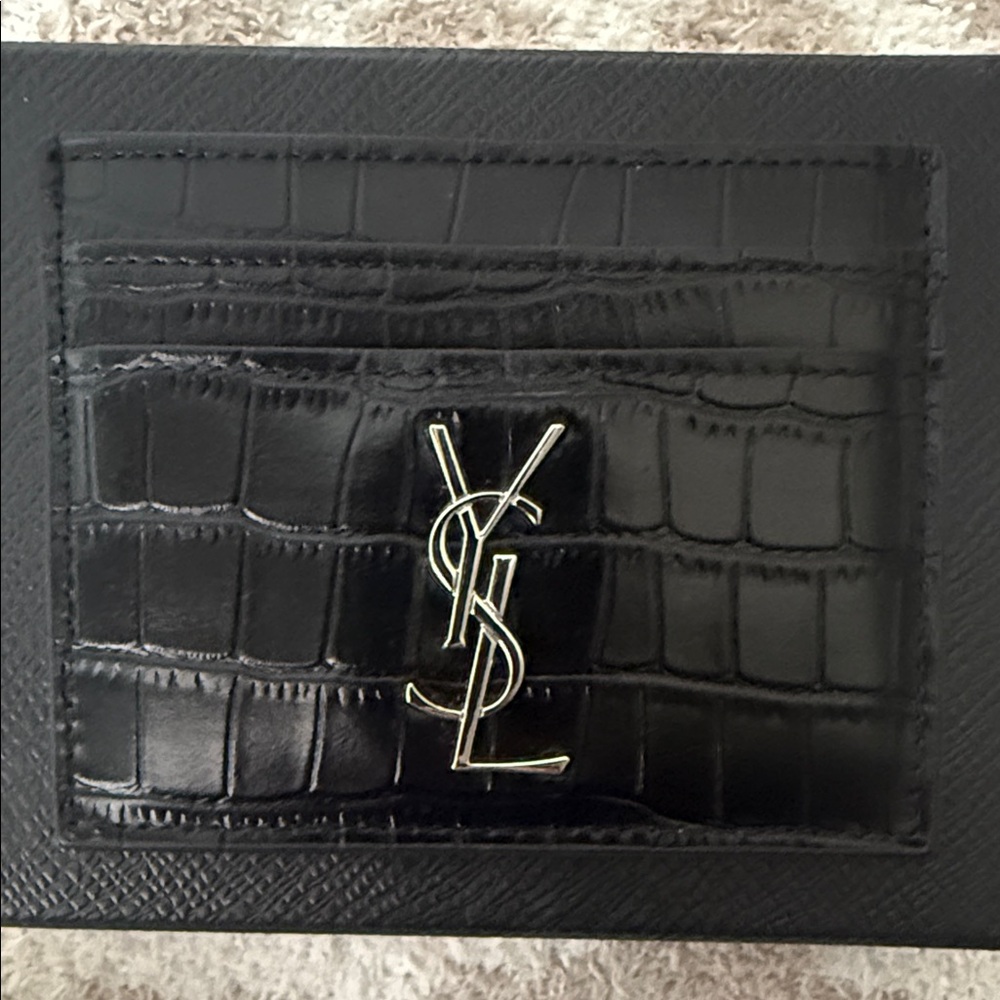 Saint Laurent Black Croc-Embossed Leather Card Holder Wallet with Silver Logo
